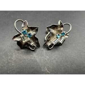 Vtg Carl Art CA Sterling Silver Clear & Blue Rhinestone Leaf Screw Back Earrings